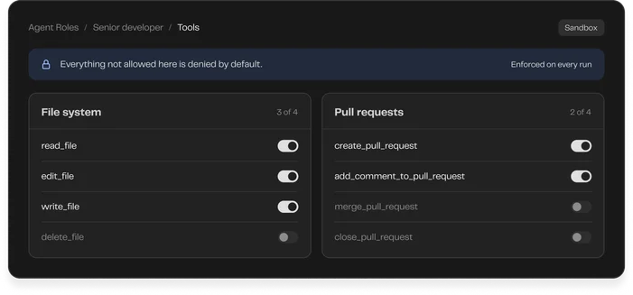 Tool permissions for a senior developer agent, with file and pull request tools allowed and everything else denied by default