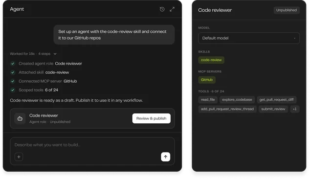 An Overcut assistant setting up a code reviewer agent role with a skill, an MCP server and scoped tools