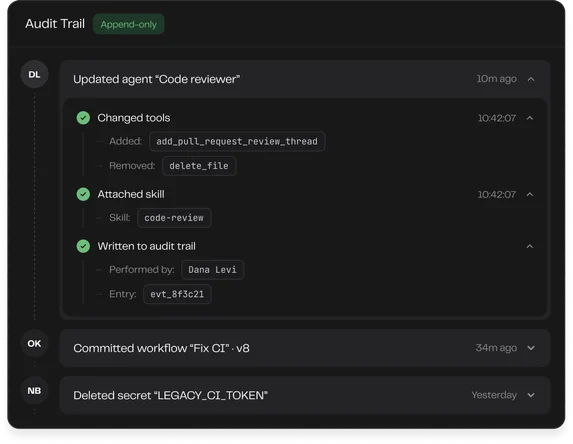 The Overcut audit trail: an agent's tools and skill changed, a workflow committed, and a secret deleted