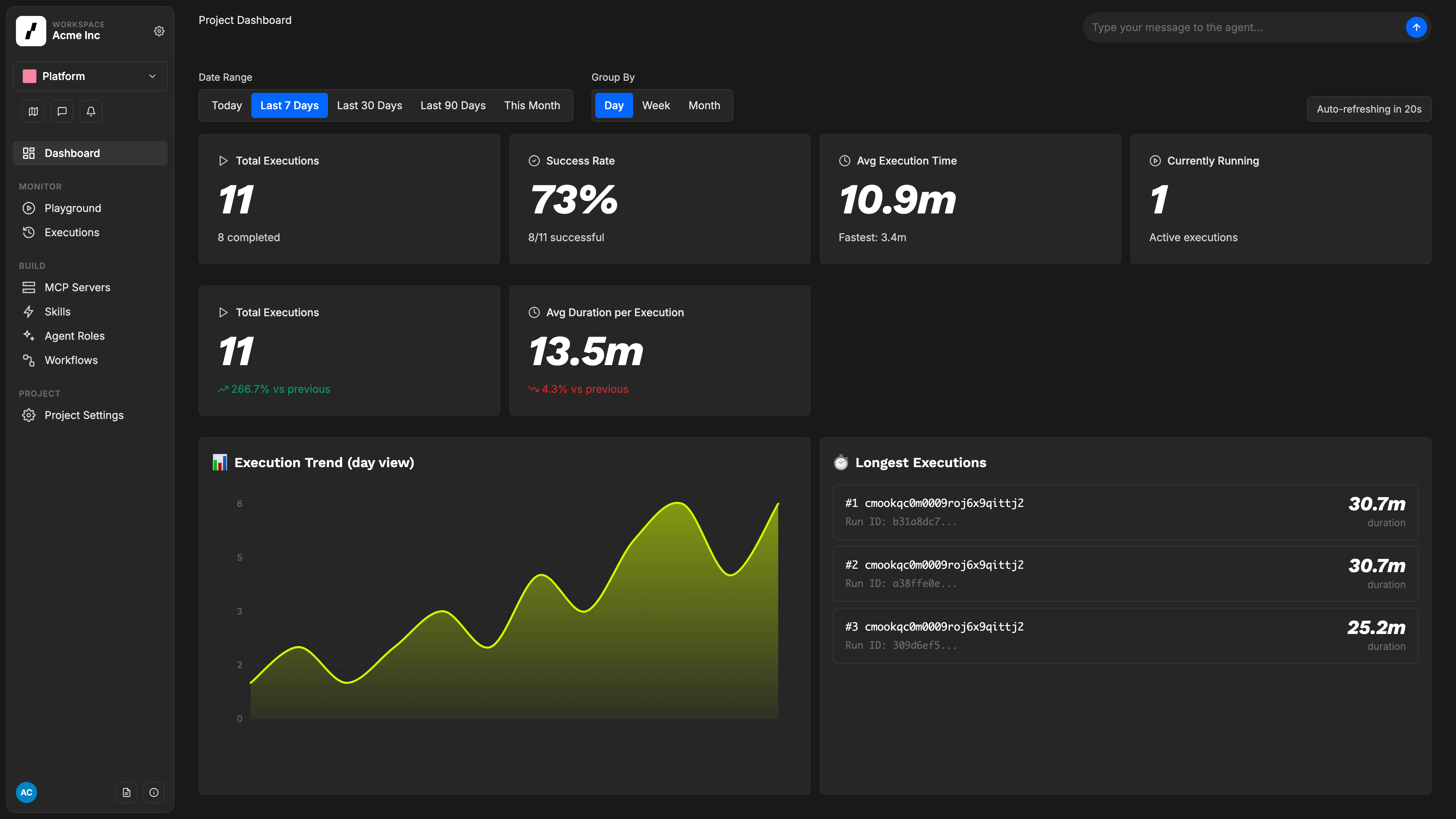 The Overcut dashboard: agents and workflows running across the SDLC